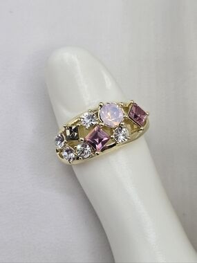 Swarovski Crystal Elements Gold Statement Ring Pink Opal Black Diamond Size 8